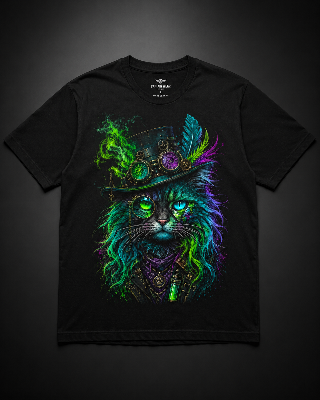 Mystic Soul – Neon Steampunk Cat | Unisex Crew Neck T-Shirt