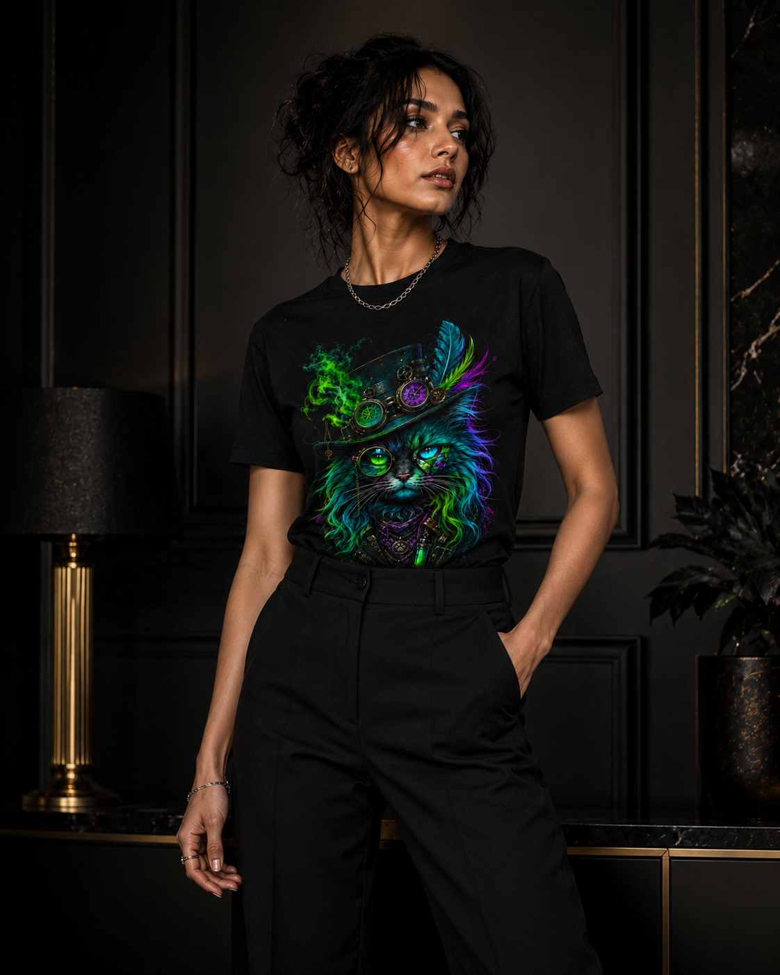 Mystic Soul – Neon Steampunk Cat | Unisex Crew Neck T-Shirt