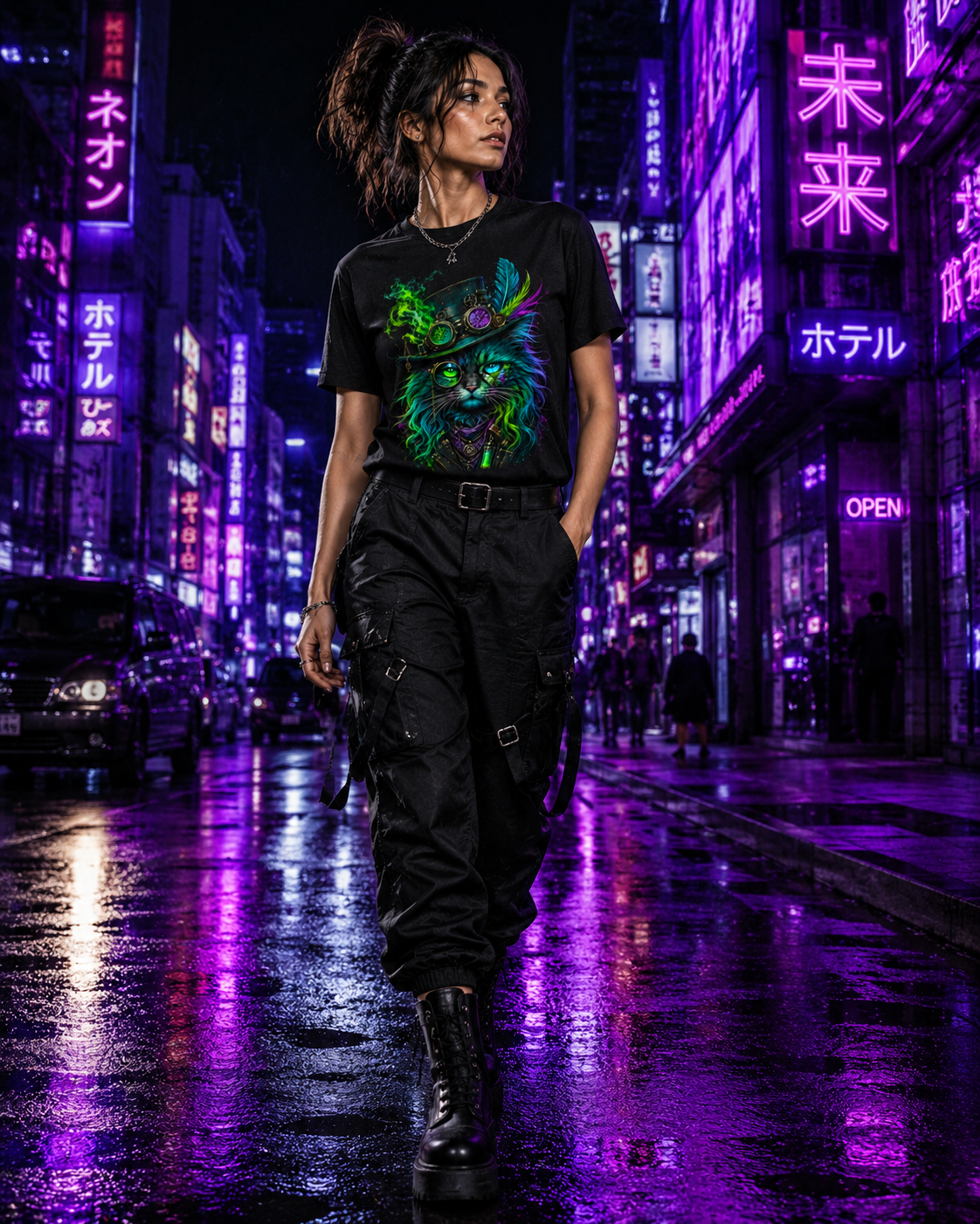 Mystic Soul – Neon Steampunk Cat | Unisex Crew Neck T-Shirt