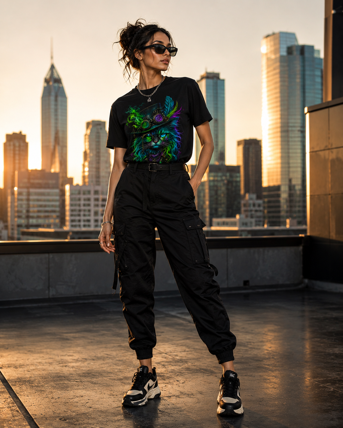 Mystic Soul – Neon Steampunk Cat | Unisex Crew Neck T-Shirt