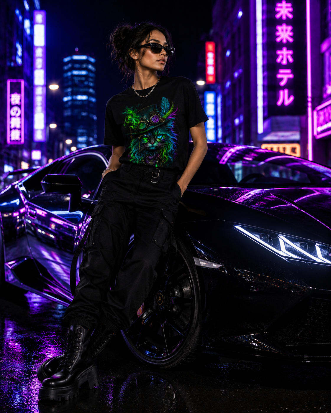 Mystic Soul – Neon Steampunk Cat | Unisex Crew Neck T-Shirt
