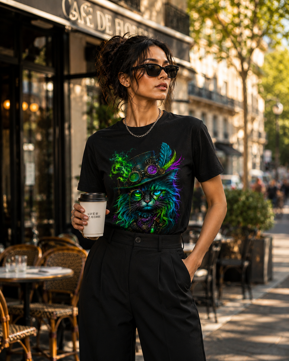 Mystic Soul – Neon Steampunk Cat | Unisex Crew Neck T-Shirt